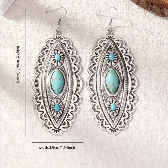 Exaggerated Carved Dangle Earrings with Natural Turquoise Inlay - Picture 3 of 4